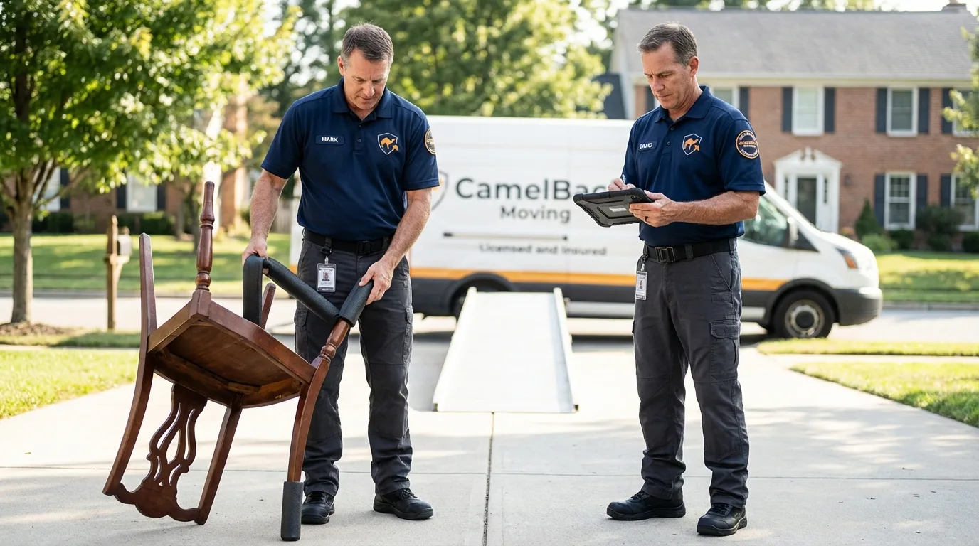 Movers inspecting furniture for damage prevention before loading in Whitehouse, OH